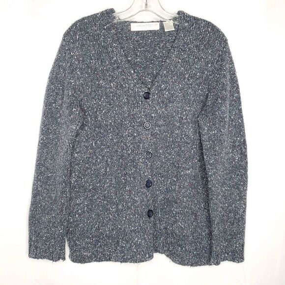 Womens Tweed Knit Cardigan Sweater PXL Slate Blue Red Fleck V Neck Preppy - Picture 1 of 5